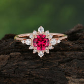 Vintage Round Cut Cluster Ruby Wedding Ring Flower Engagement Ring